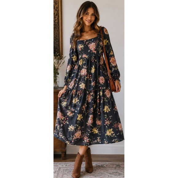 Anthropologie Dresses & Skirts - Anthropologie Floral Boho Tiered Midi Dress Cottagecore Long Sleeve Small